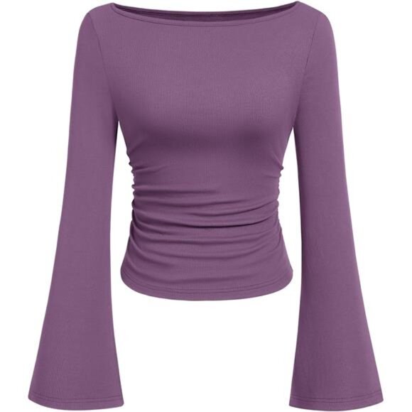 Women's Long Sleeve Shirts Crop Tops Purple - Picture 1 of 6